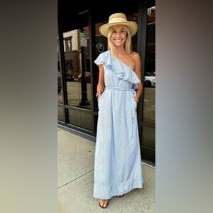 BANANA REPUBLIC One-Shoulder Blue & White Stripe Maxi Dress Size Medium